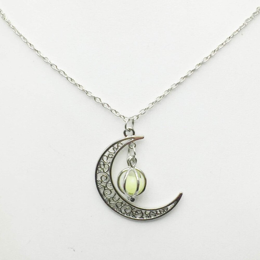Glow in The Dark Silver Crescent Moon and Orb Necklace - Glowing Blue Moon Charm - Picture 3 of 3
